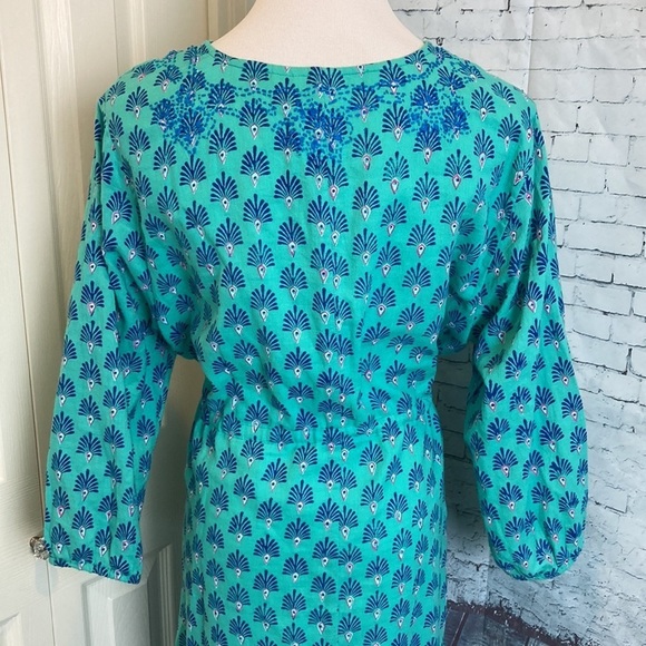 Roller Rabbit Cotton Dress L Block Print Turquoise Blue Tassel Tie Boho Beach - Picture 13 of 16